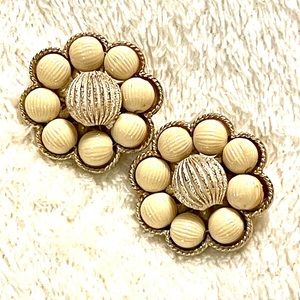 Vintage Beaded Flower Clip-On Earrings